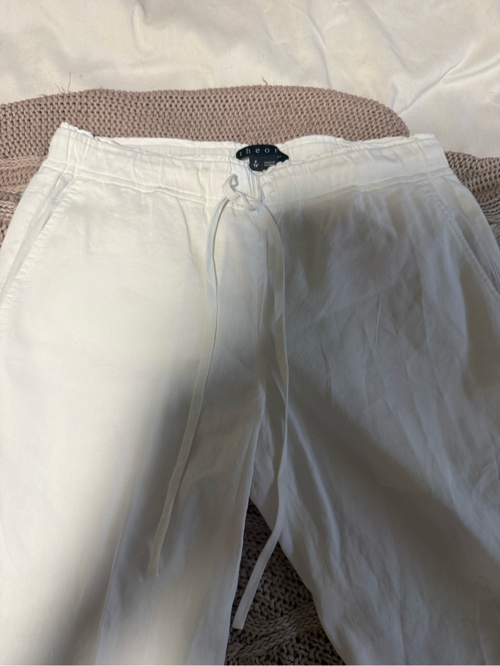 Theory Cream Drawstring Linen Pants